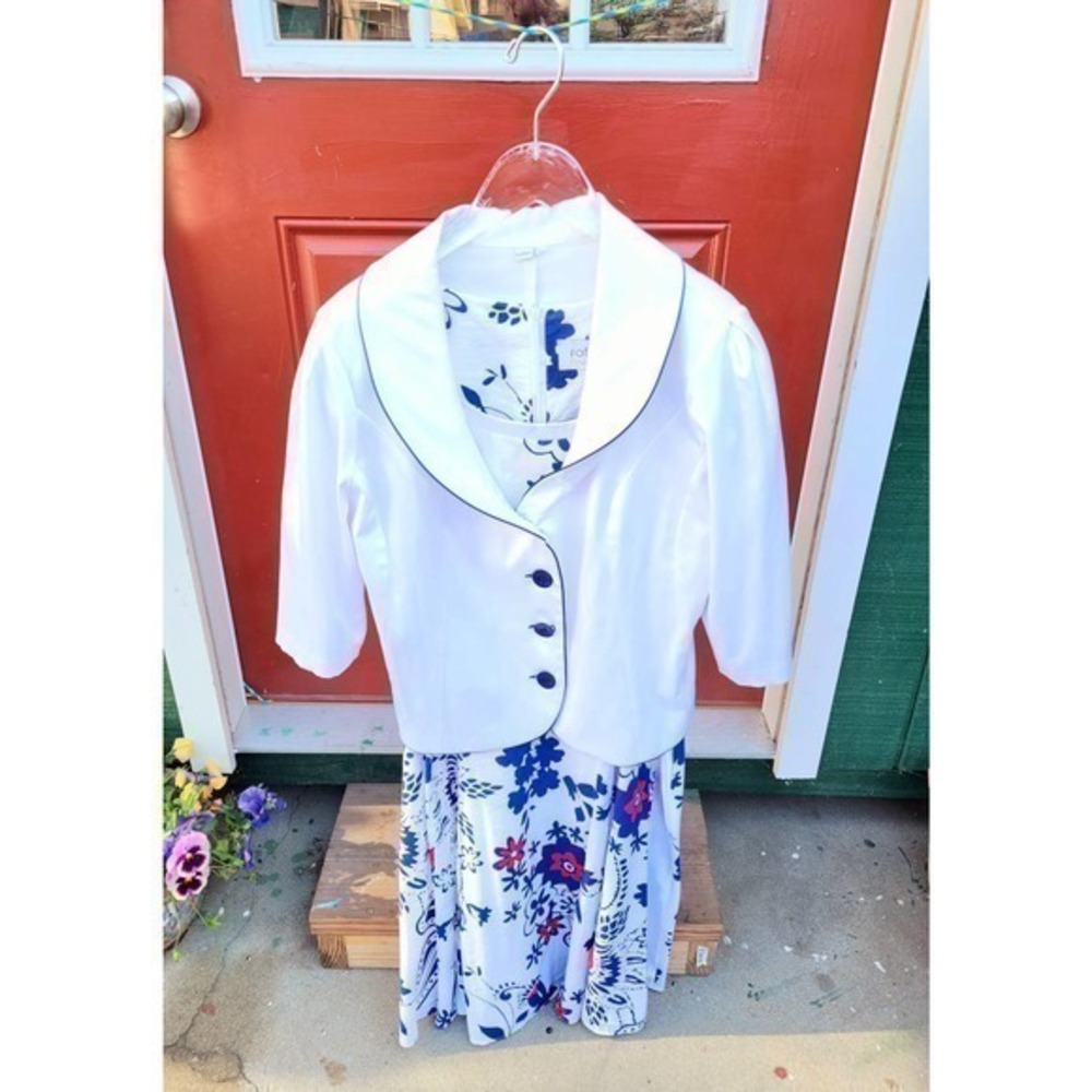 Vintage Raflen Red White‎ Blue Short Sleeve Shift Dress Jacket Set